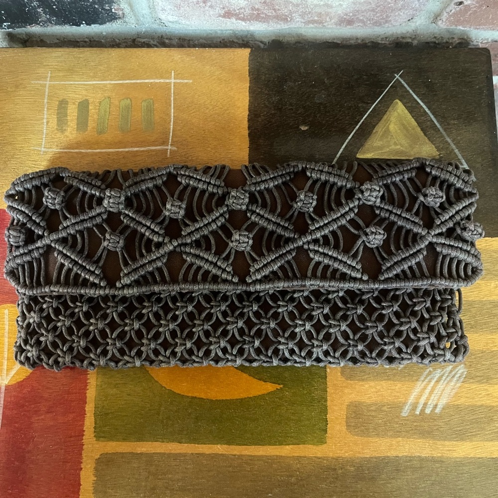 Franchi Collection Dark Brown Macrame Clutch with Snap Closure.